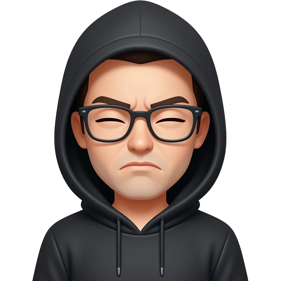 Black hoodie, hood down, both eyes squinting, glasses and a frowning face. emoji
