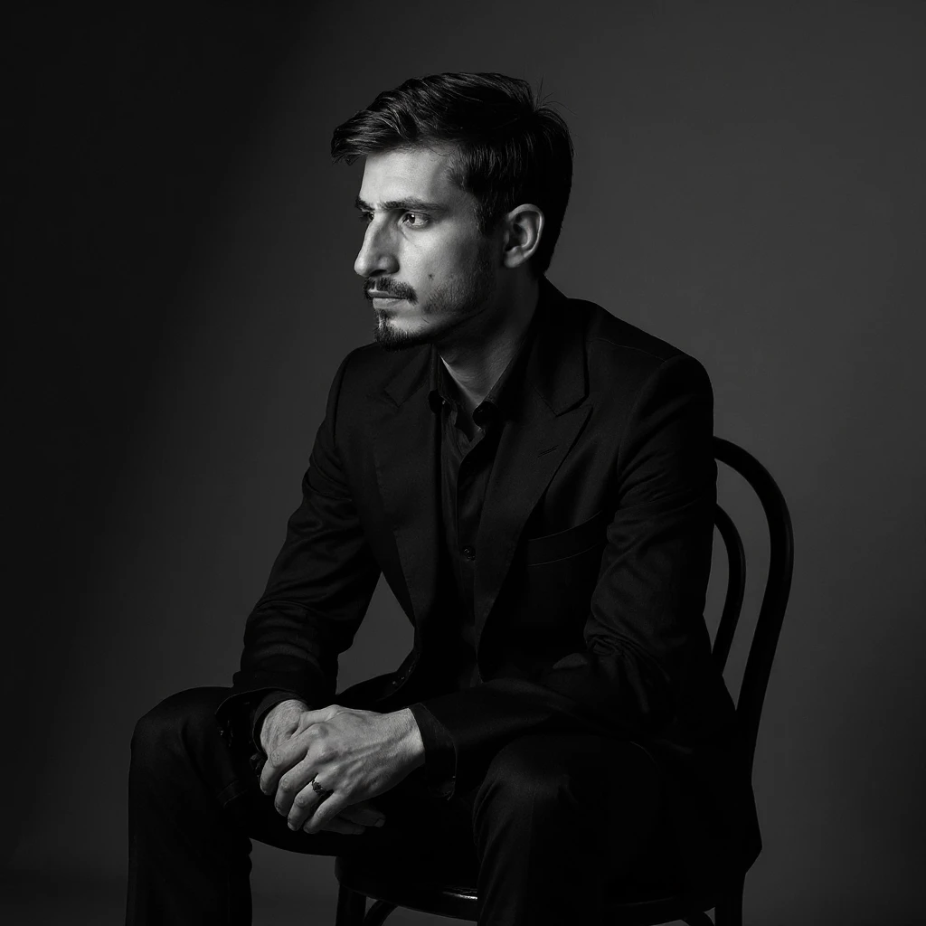 Dramatic black-and-white portrait of a man on a stool in a formal black suit, low-key lit from the left with deep shadows, intense look to the right, hands clasped, cinematic and moody atmosphere, dark background. Perform face swap for accuracy to match the reference image. emoji