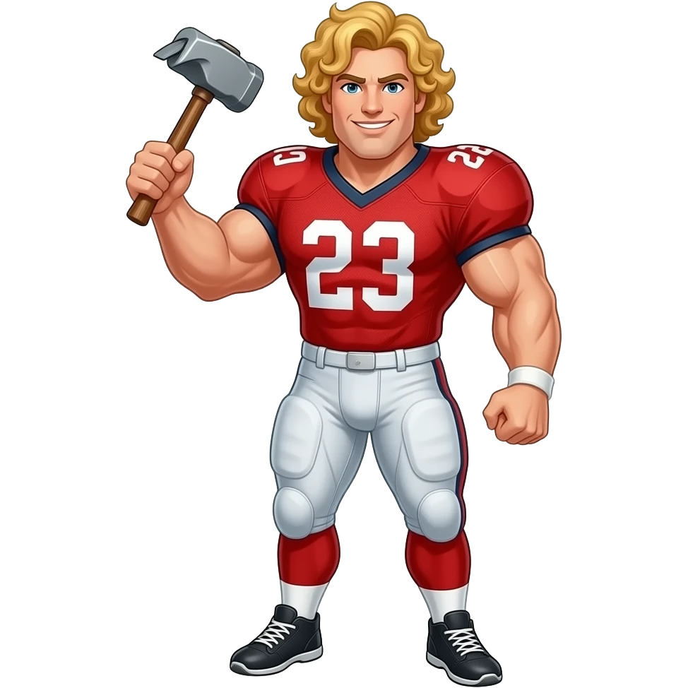 Muscle man with curly blonde hair big boobs holding hammer wearing red football jersey emoji