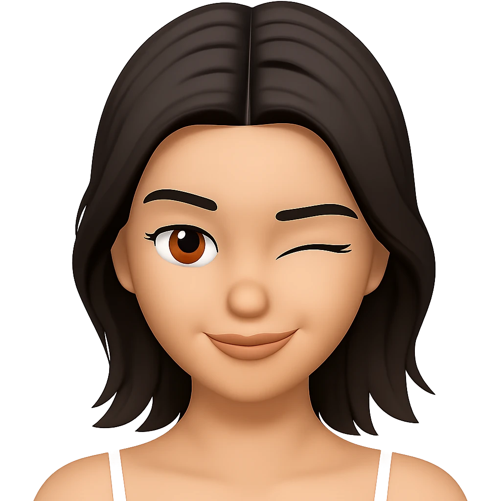 Edit the female face with short dark hair, center part, brown eyes in Apple emoji style with a 3D look and soft shading. Create a winking expression. Transparent background. emoji