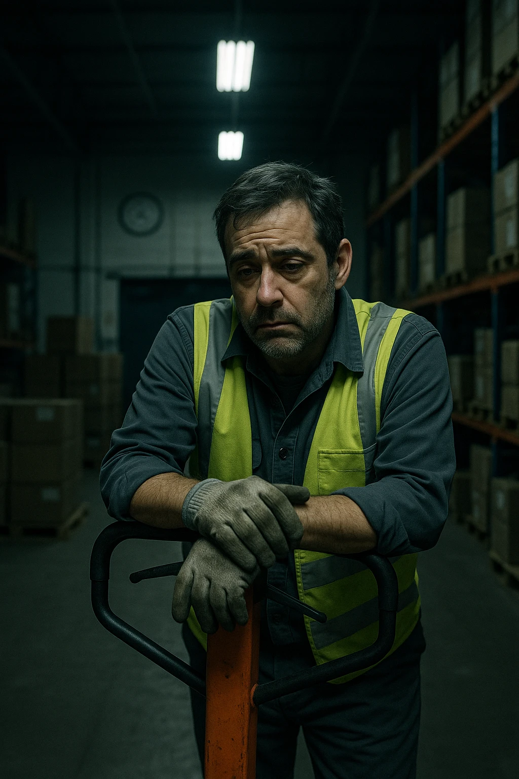 a tired warehouse worker in his 40s, wearing a reflective vest and work gloves, stands under harsh fluorescent lights in a large, dimly lit warehouse. He leans on a pallet jack, eyes heavy with fatigue and dark circles under them. Stacks of boxes and shelves loom in the background, and a wall clock shows it’s the middle of the night. The mood is somber and empathetic. emoji