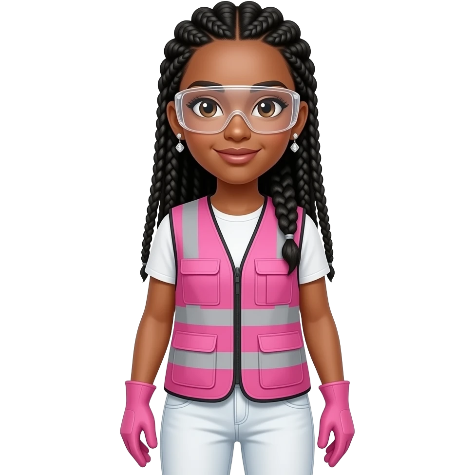 Bright skin tone woman with brown eyes with long black box braids wearing diamond earrings wearing pink and clear safety glasses wearing a pink construction vest wearing white pans wearing pink construction vest wearing white pants wearing pink construction gloves emoji