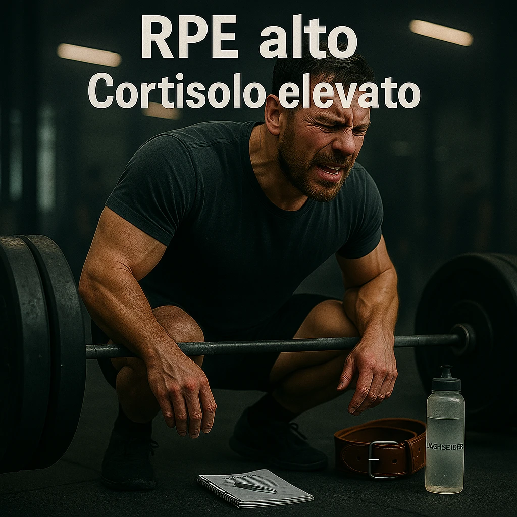 Replace the floating icons above the head with clear and readable Italian text: 'RPE alto' and 'Cortisolo elevato', maintaining the cinematic style and original color palette of the image. emoji