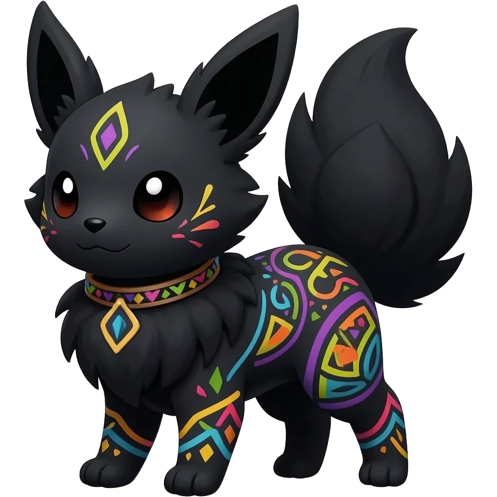 Rare charcoal-black exotic cute epic aesthetic gothic colorful Salandit-Eevee-Civet-species-Fakemon-hybrid-creature, with a collar, and with intricate colorful tribal markings, full body emoji