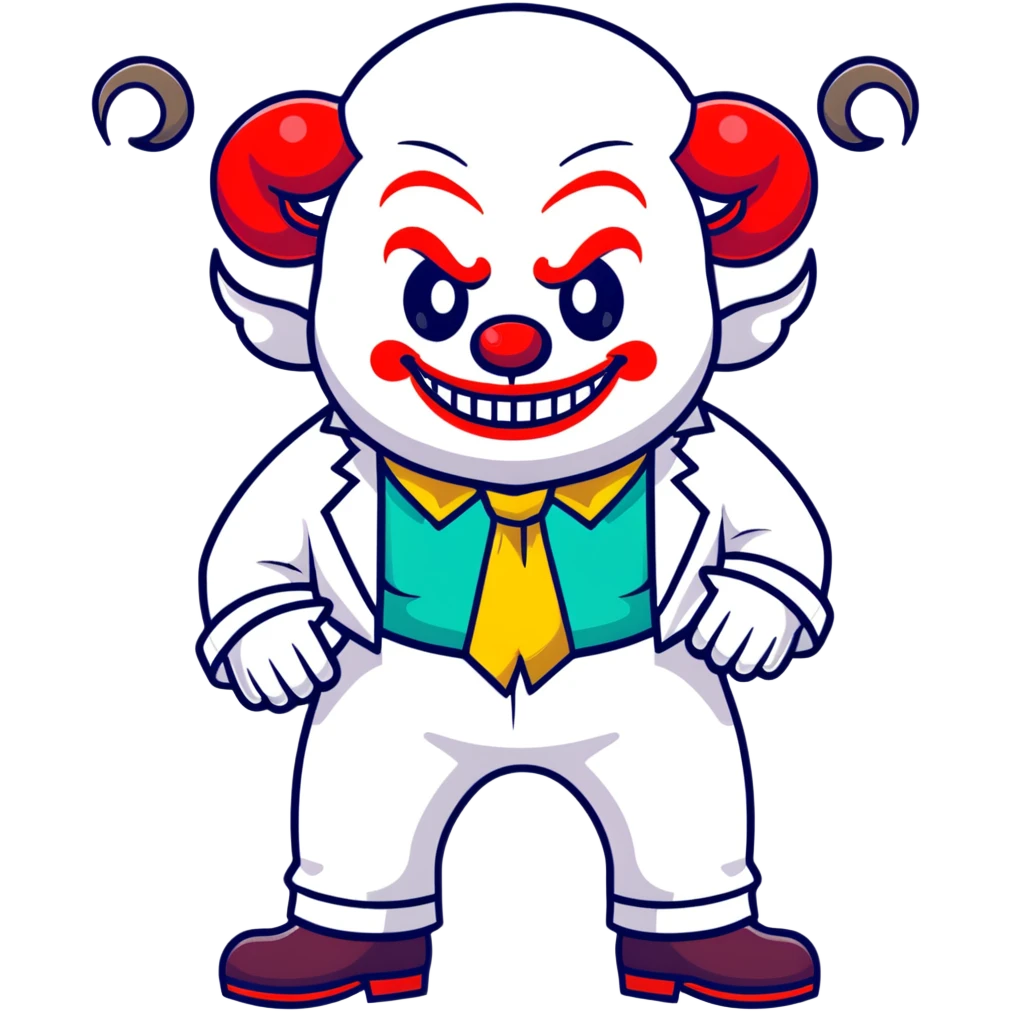 full-body demonic clown in a white leisure suit with bellbottom pants, bald, black ram horns, flashy belt, ruffled shirt, colorful tie, no elevator shoes emoji