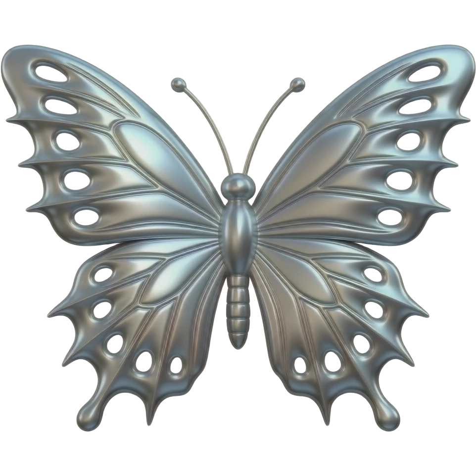 A 3D Y2K-style butterfly made of liquid chrome and polished silver. Sharp, tribal-inspired wing edges with a high-gloss metallic finish reflections. Minimalist, futuristic, and moody emoji