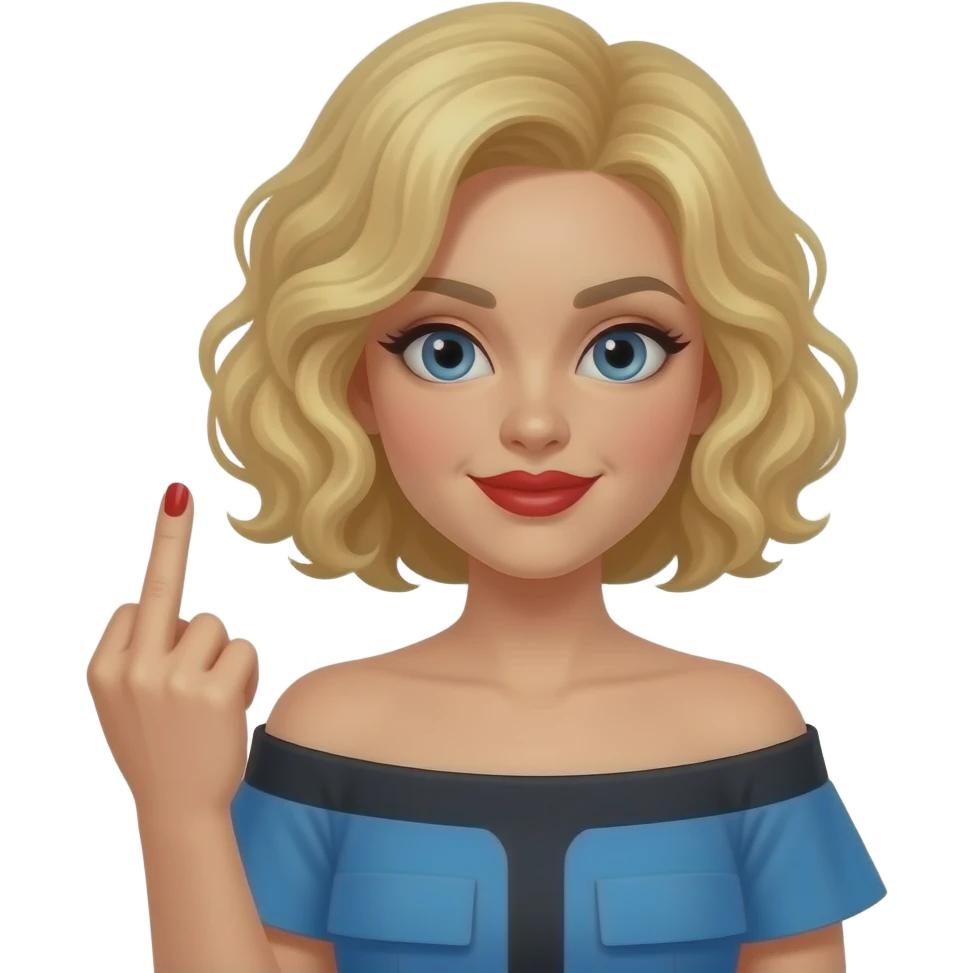 short blonde with spiral curly hair side swept bob flipping you with the middle finger in a blue and black off the shoulder blouse in red lipstick in red medium nails emoji