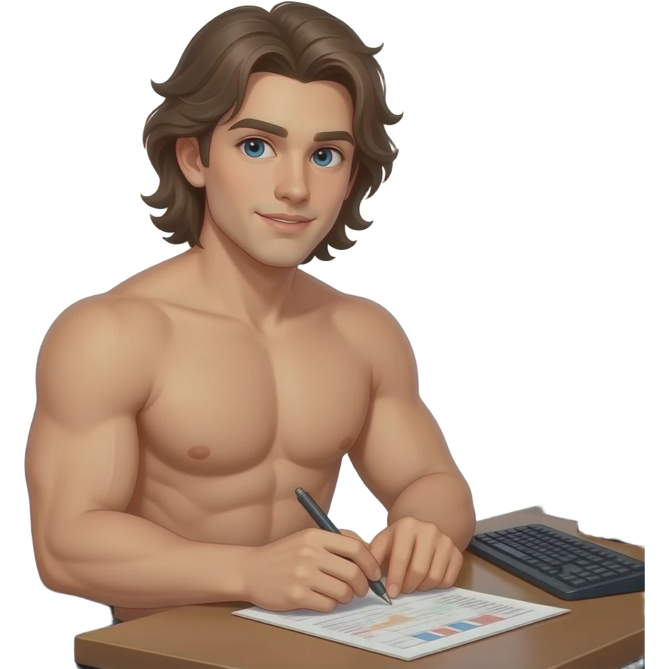 muscular shirtless twink with very long hair trading emoji