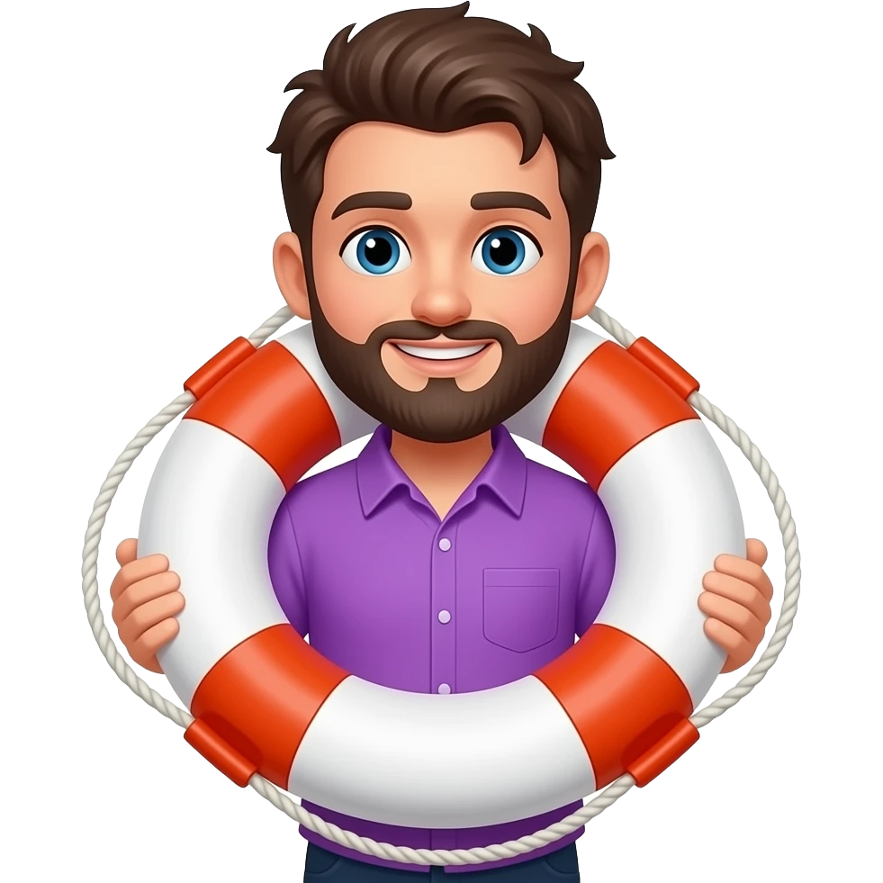 a boy in vibrant purple shirt with beared hold a life preserver emoji