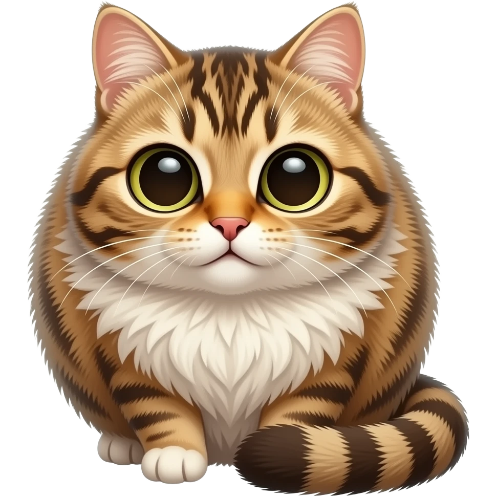 tabby cat in looking like a big fluffy ball qui a tail and big  bulging eyes, cartoon style emoji