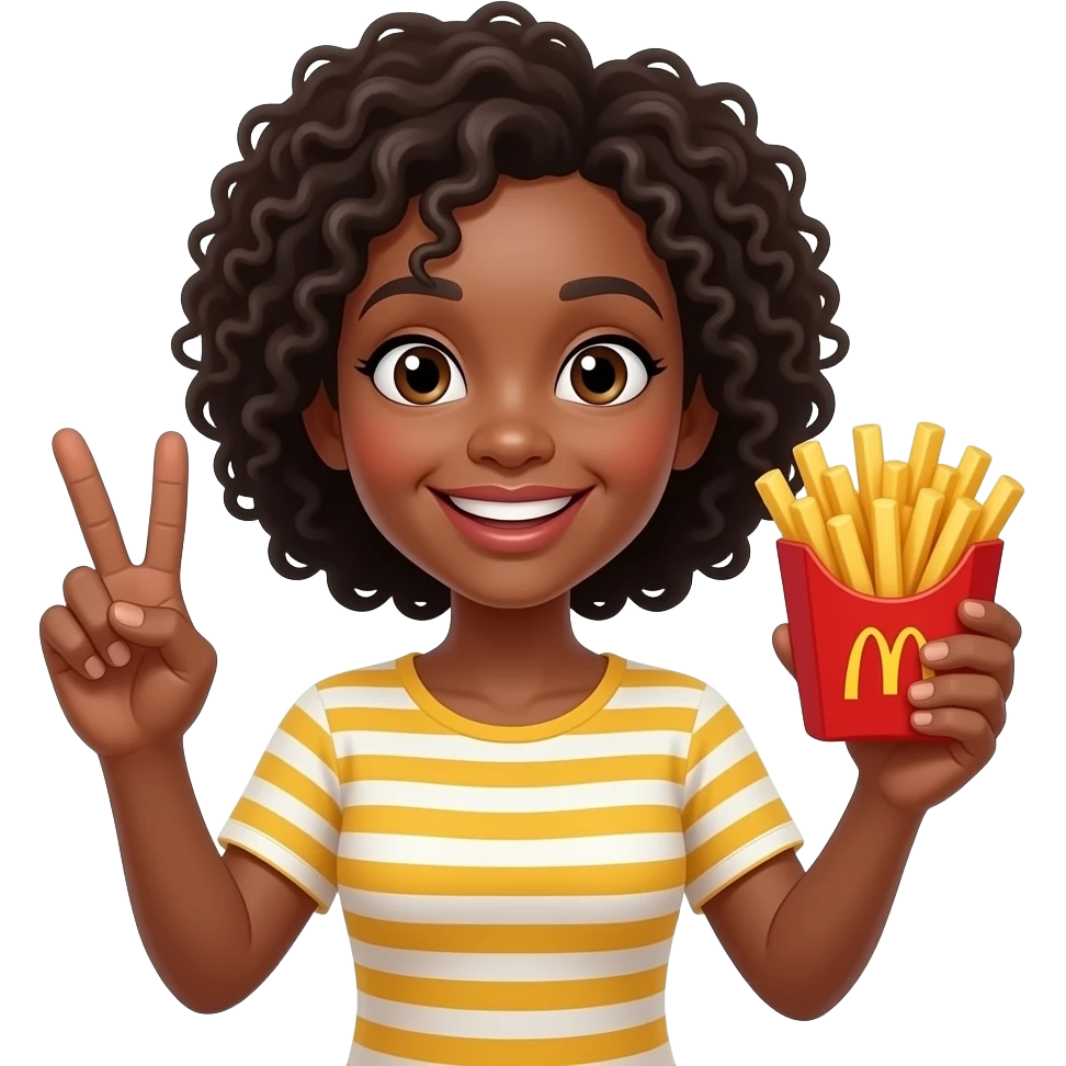 A black women smiling holding up the peace sigh and holding up fries in the other hand emoji