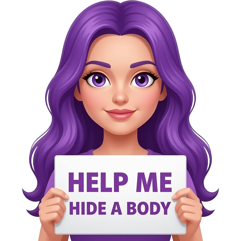 sexy girl with long purple hair and purple eyes holding a HELP me HIDE a BODY sign emoji