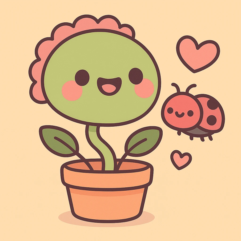 Add a small kawaii bug friend with a heart near the Venus flytrap, preserving the soft pastel style with gentle hues and a cute atmosphere. emoji