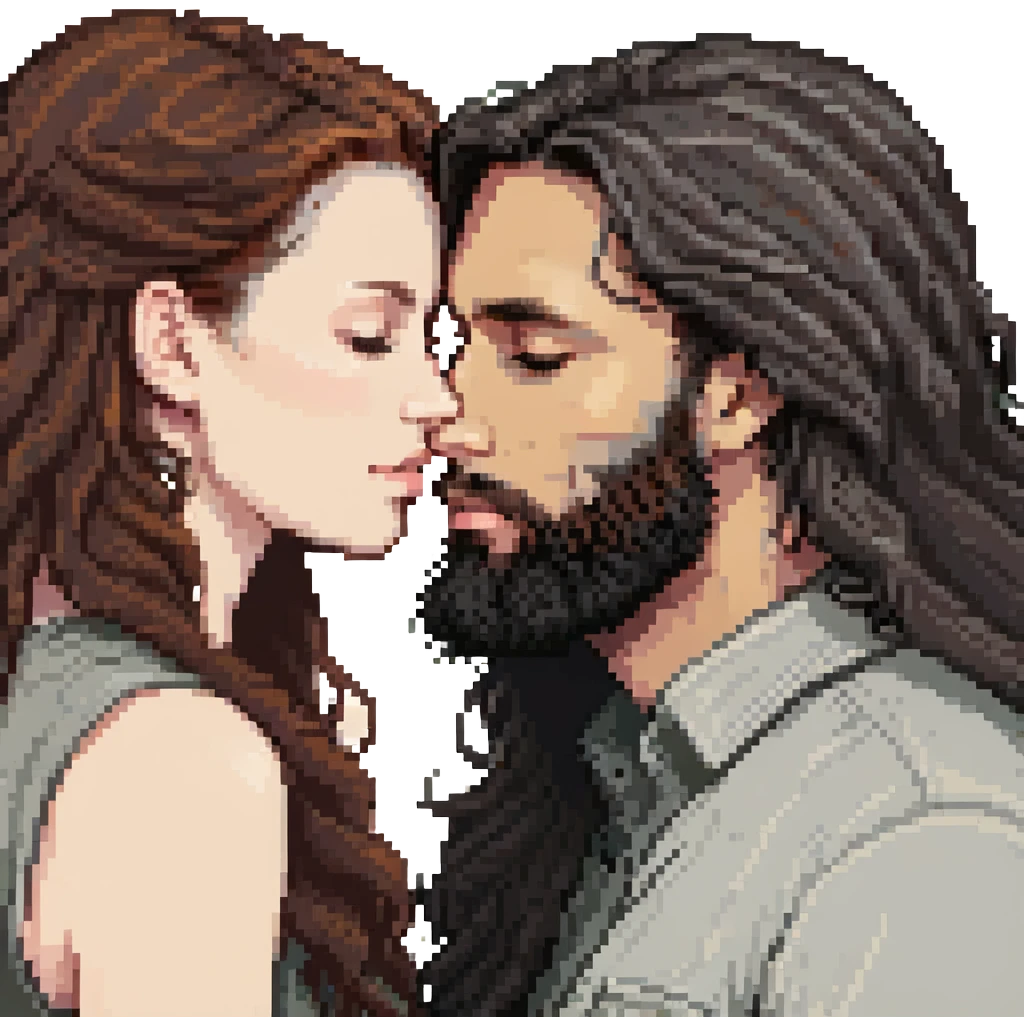 pixel art of a white woman with long wavy dark brown hair kissing a white man with long hair and black beard, transparent background emoji