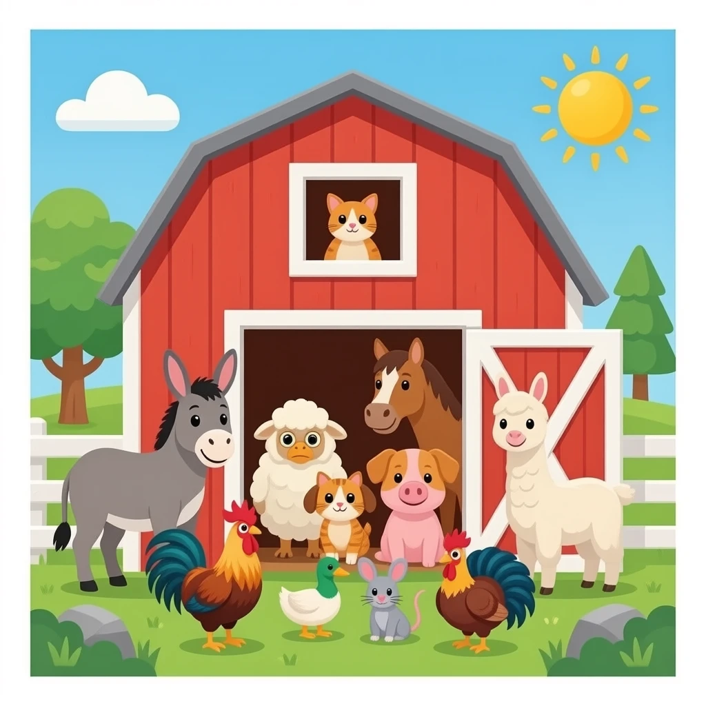 16 farm animals inside the peekaboo barn: donkey, duck, sheep, chicken, horse, owl, cat, dog, pig, goat, llama, rooster, mouse, rabbit, Turkey, and cow emoji