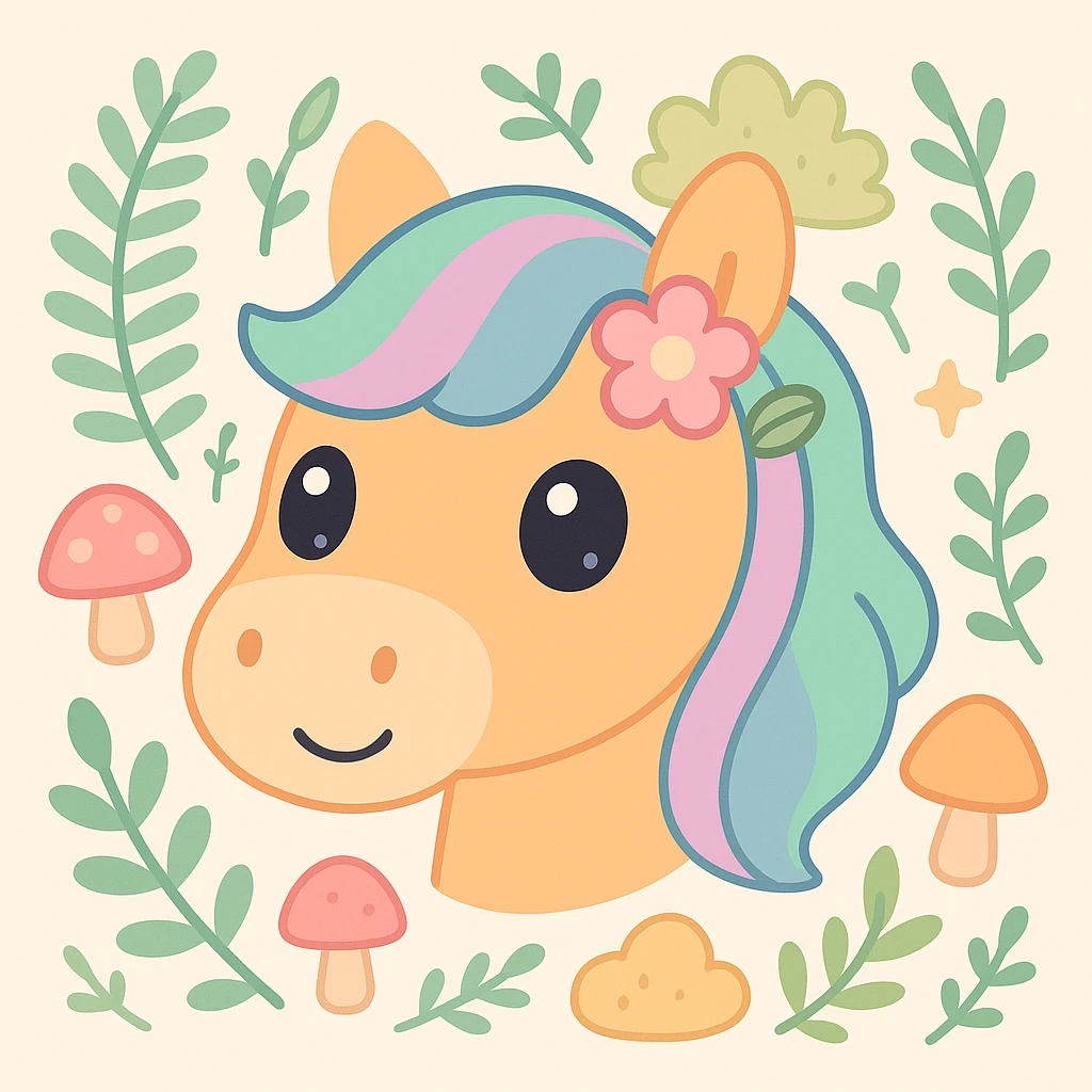 Add more forest details around the cute horse head, such as ferns, moss, mushrooms, and leafy branches, in kawaii style with big eyes, pastel colors, simple shapes, and nature details. emoji
