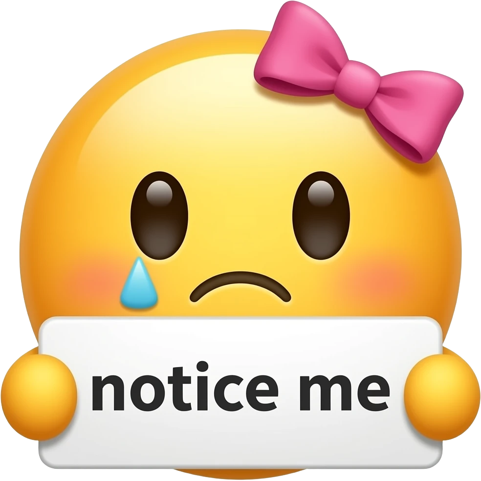 Yellow smiley with pink hairbow sad holding emoji up a sign that says "notice me" emoji