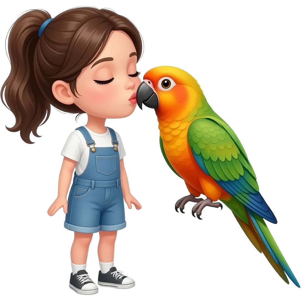 Sun conure parrot but with green wings kissing a brunnete girl emoji