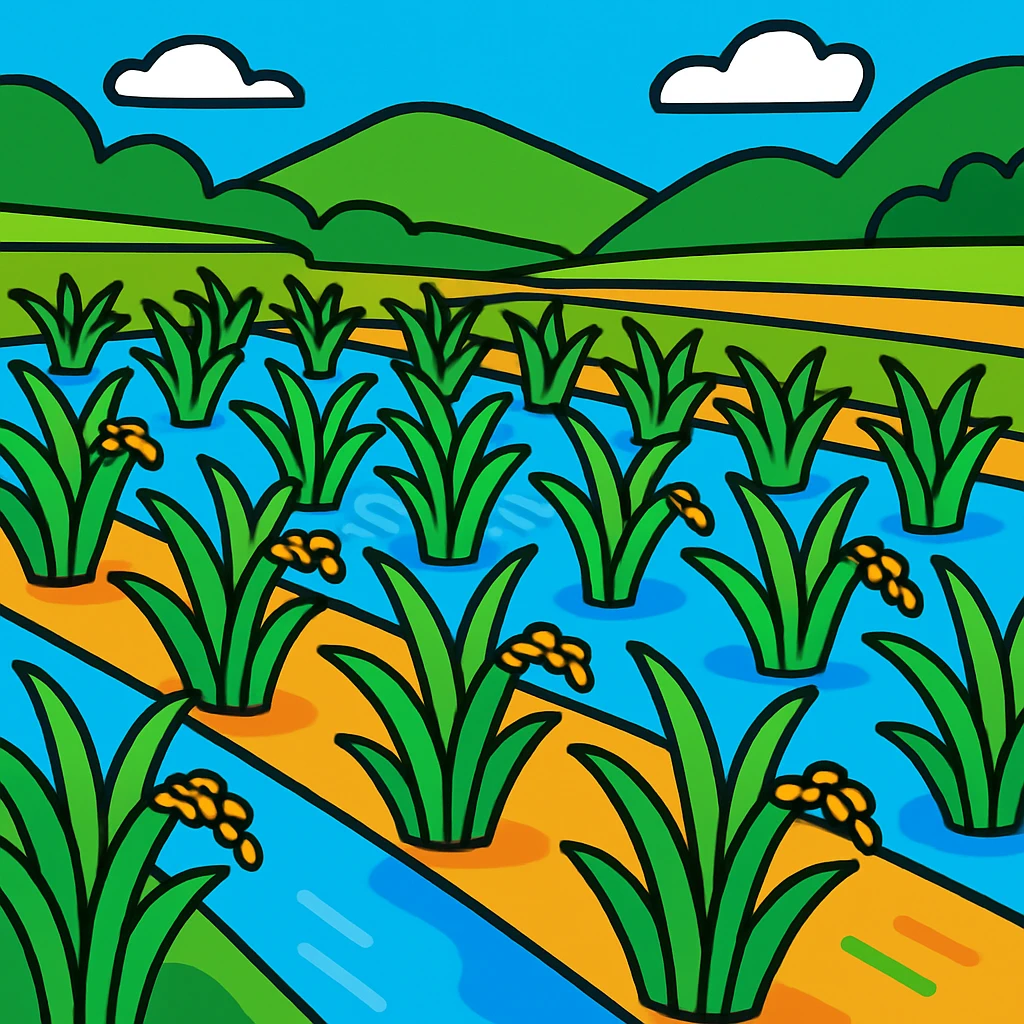 stylized rice field with green plants and water, cartoon style emoji