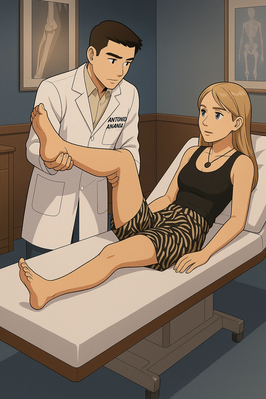 fai un webtoon/manga a colori con questo kinesiologo in camice bianco (fagli la scritta "ANTONIO ANANIA" SUL CAMICE) CHE SVOLGE UN TEST NEUROMUSCOLARE SOLLEVANDO UNA GAMBA ALLA RAGAZZA CHE è STESA SU UN LETTINO BIANCO. STANZA SEMPLICE E MODERNA, DURANTE IL TEST I DUE DIALOGANO TRA LORO. NON FARE I FUMETTI, FAI SOLO LORO COME SE DIALOGASSERO emoji