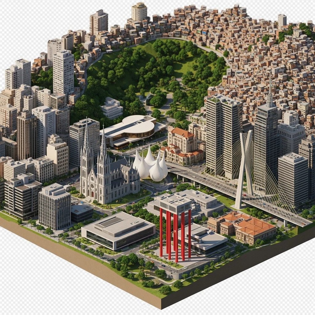 Isometric miniature of São Paulo Catedral da Sé, MASP on red pillars, Octávio Frias Bridge, and Altino Arantes building, favelas on hillsides, dense chaotic urban blocks, and green parks 3D miniature effect and Tilt Shift effect, no cartoonish look, transparent background. emoji