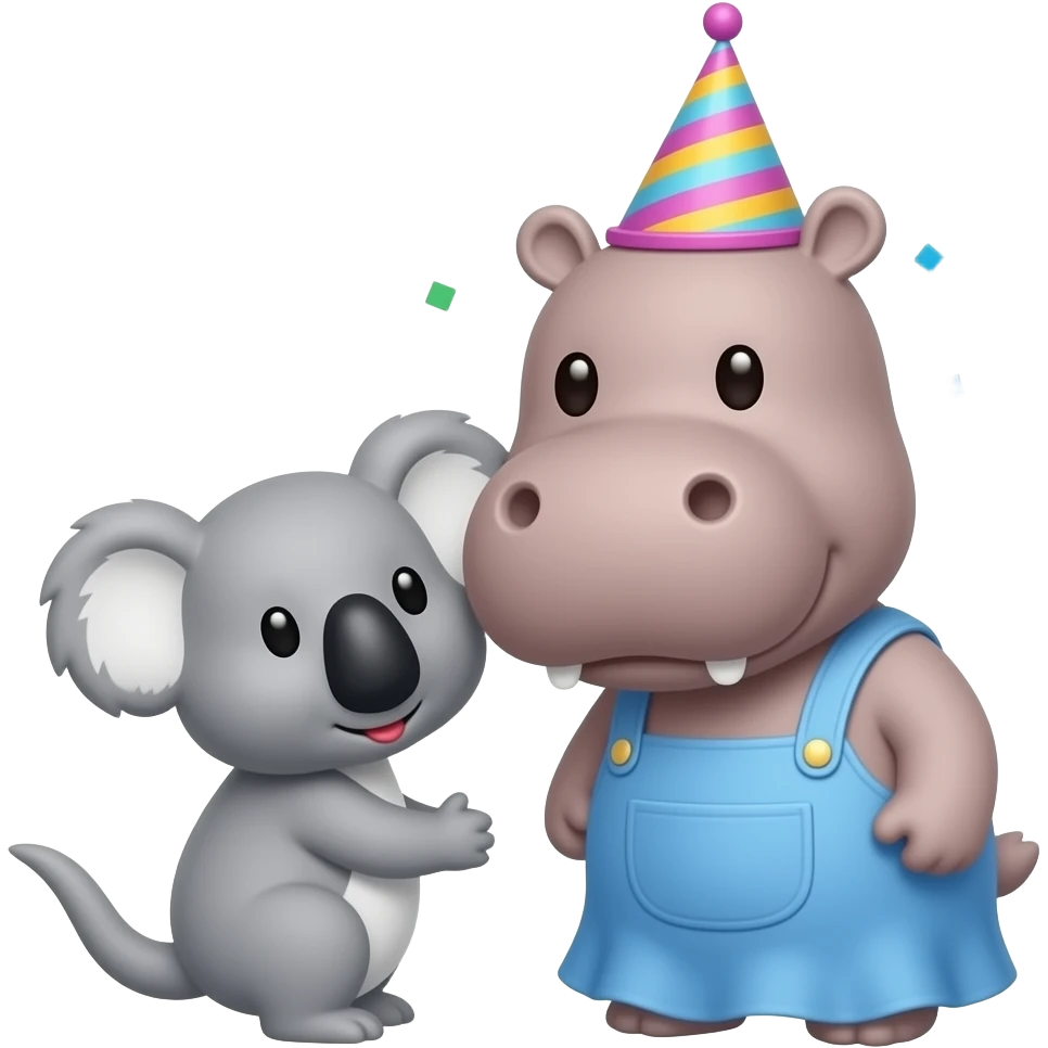 Hippo face birthday! Party hat and confetti and happy on its birthday and all the accessories and celebrations with koala giving it kiss on cheek emoji