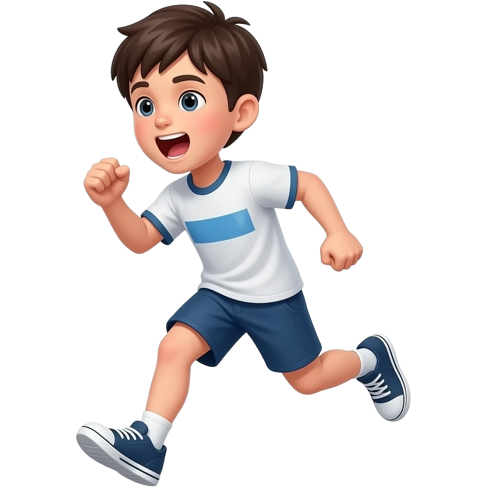 un chico de 12 años que se vea todo el cuerpo. con el pelo cortito y flequillo. y que es vea todo el cuerpo. que este corriendo y gritando emoji