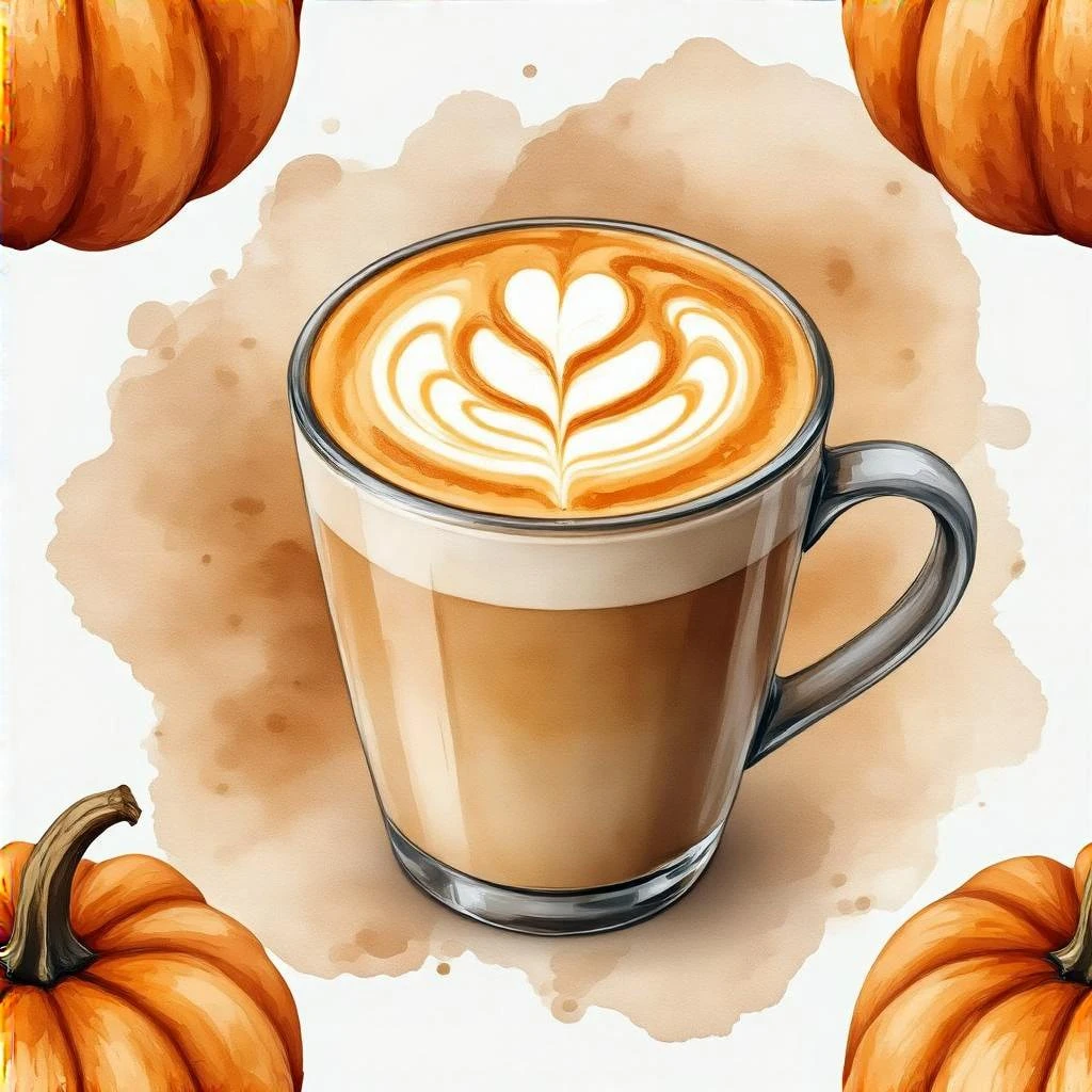coffee latte art seamless background, pumpkin spice latte, creamy brown and orange tones, cozy autumn café vibe, watercolor effect emoji