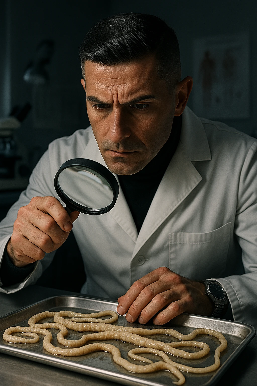 A middle-aged male kinesiologist wearing a pristine white lab coat, intensely analyzing long, beige tapeworms (like Taenia) under a magnifying glass. His expression is focused and slightly concerned, with dramatic studio lighting casting sharp shadows. The parasites are highly detailed, moist, and textured, stretched across a sterile metal tray. The background is blurred but suggests a clinical environment—hints of a microscope, medical charts, and clean lab equipment. The style is hyper-realistic, with a cinematic contrast between the bright white coat and the grotesque, organic forms of the parasites. No sci-fi elements, just raw medical realism with a disturbing edge emoji