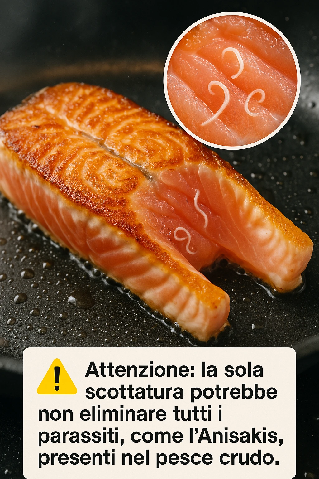 a close-up of a salmon fillet being lightly seared in a hot pan, with the outer layer cooked but the inside still raw. An inset magnifies the interior, showing visible Anisakis parasites surviving in the uncooked portion. A warning icon and educational text explain that searing alone may not eliminate all parasites. in italiano emoji