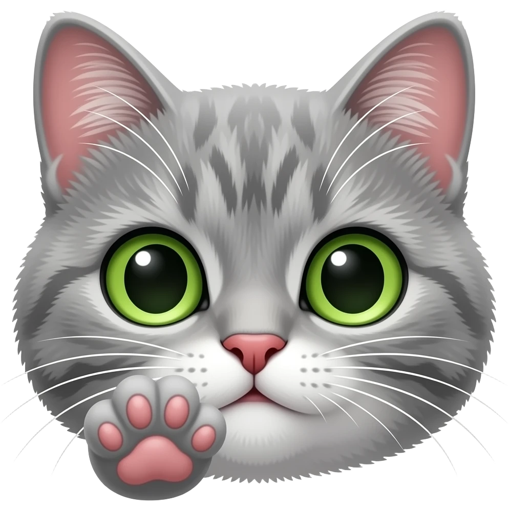 Cute grey cat face with paw on mouth emoji