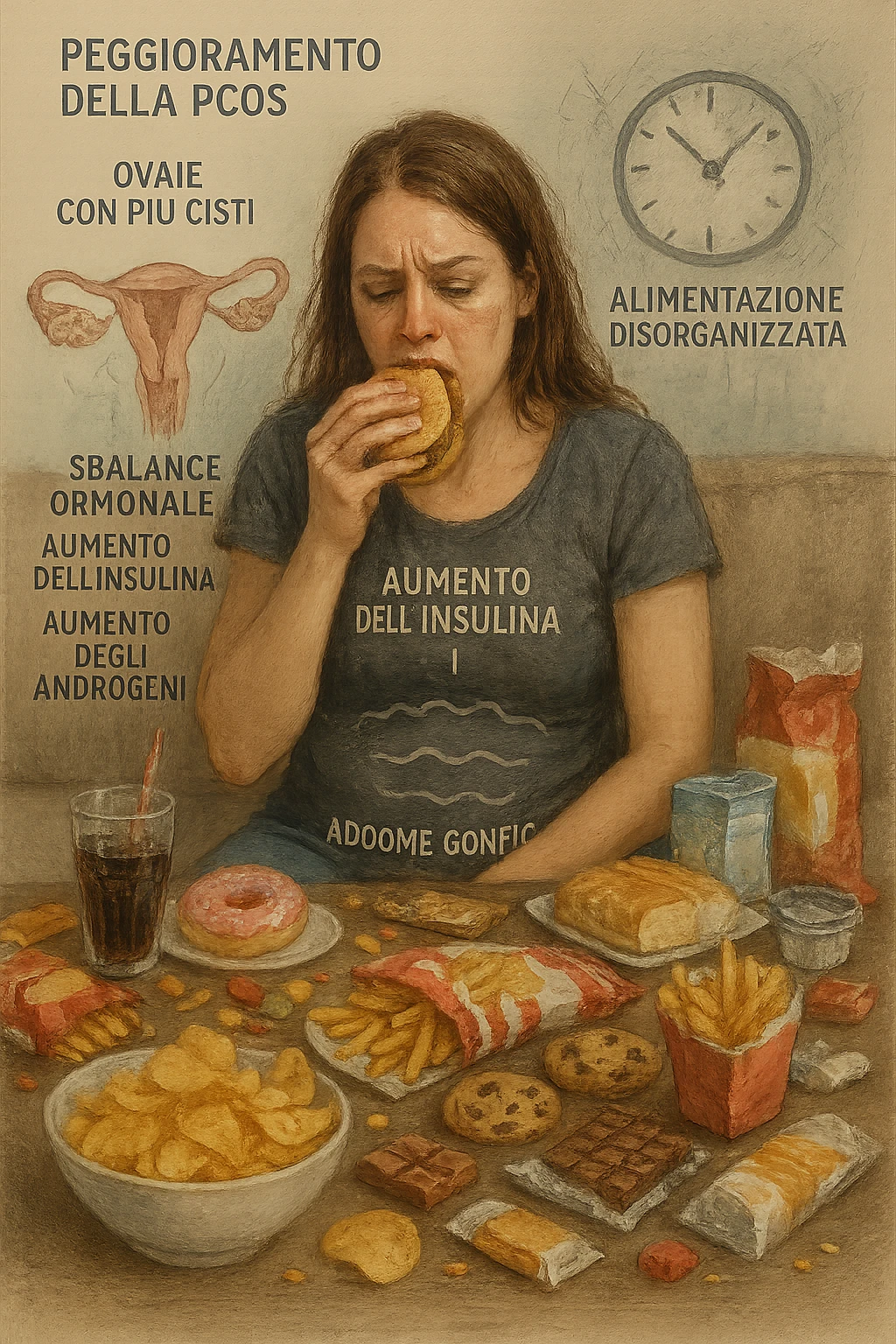 Donna tra i 25 e i 35 anni seduta sul divano o a un tavolo disordinato, circondata da cibi sparsi e poco sani: patatine, dolci, pane bianco, snack confezionati, bibite. Mangiando di fretta, ha un’espressione stanca e frustrata. Intorno a lei, in trasparenza o come illustrazione simbolica, si vedono gli effetti della PCOS peggiorata: ovaie con cisti multiple, squilibrio ormonale (↑ insulina, ↑ androgeni), gonfiore addominale. Sullo sfondo, orologio che corre o caos visivo che comunica disorganizzazione alimentare. Colori spenti e atmosfera stanca. Stile realistico con elementi simbolici e informativi. in italiano emoji