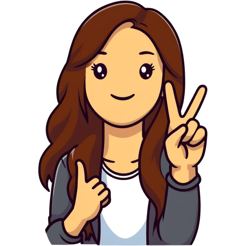 Young woman with long brown hair, smiling, making peace sign, TikTok star emoji