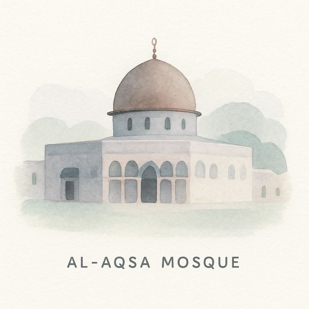 Al-Aqsa Mosque in Palestine, watercolor style, soft edges, gentle blending, serene atmosphere emoji
