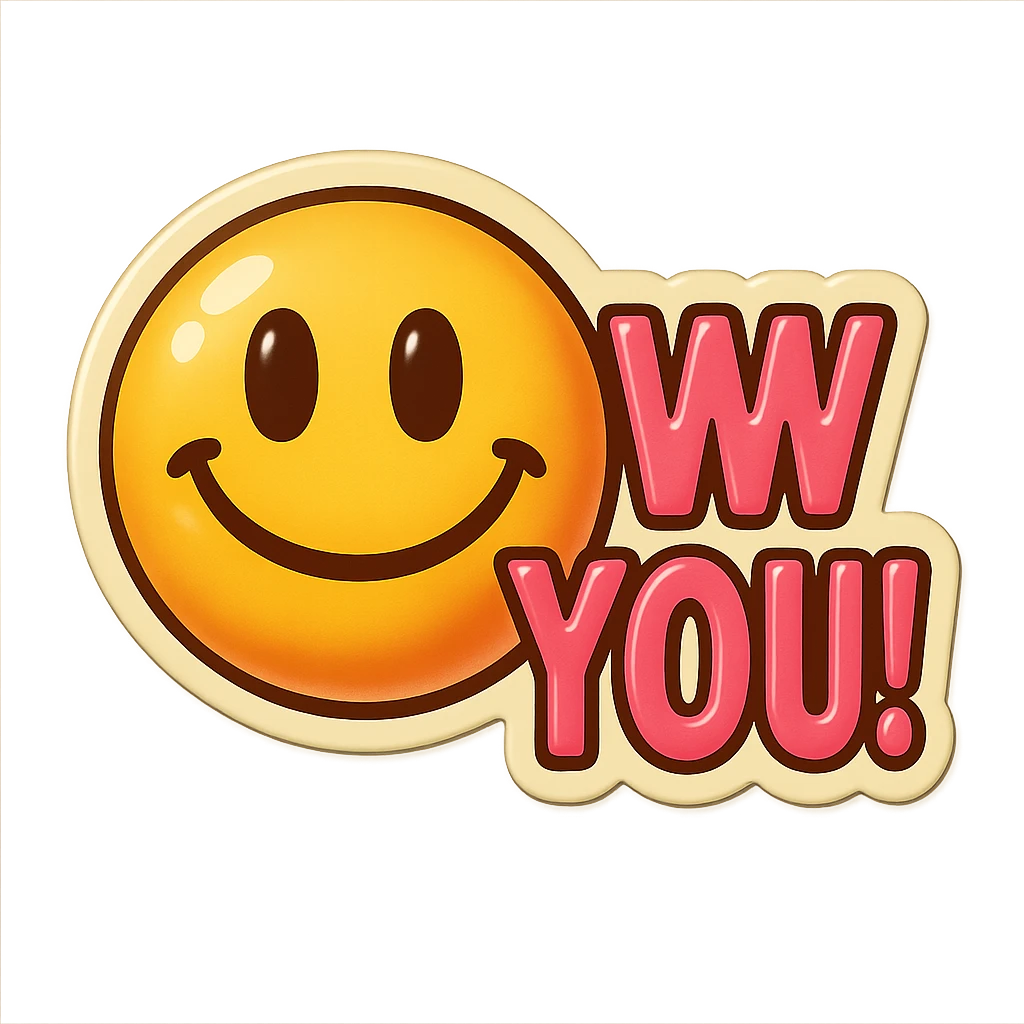 excited smile with mouth closed 
add the words W You! in pink emoji