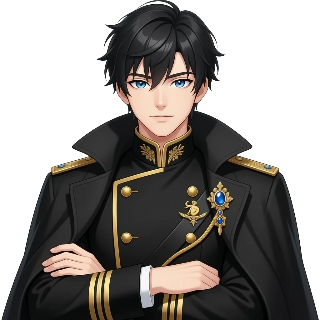 handsome muscular anime noble, jet black layered hair, piercing oceanblue eyes, pale skin, sharp aristocratic features, wearing black navy high-collared military-style uniform with gold embroidery, gold-trimmed cuffs, gold-trimmed cuffs, gold epaulette with blue gemstone brooch & wool-collared coat emoji