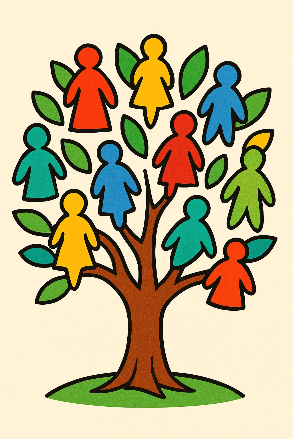 a tree with leaves shaped like people, symbolizing family, colorful illustration style emoji