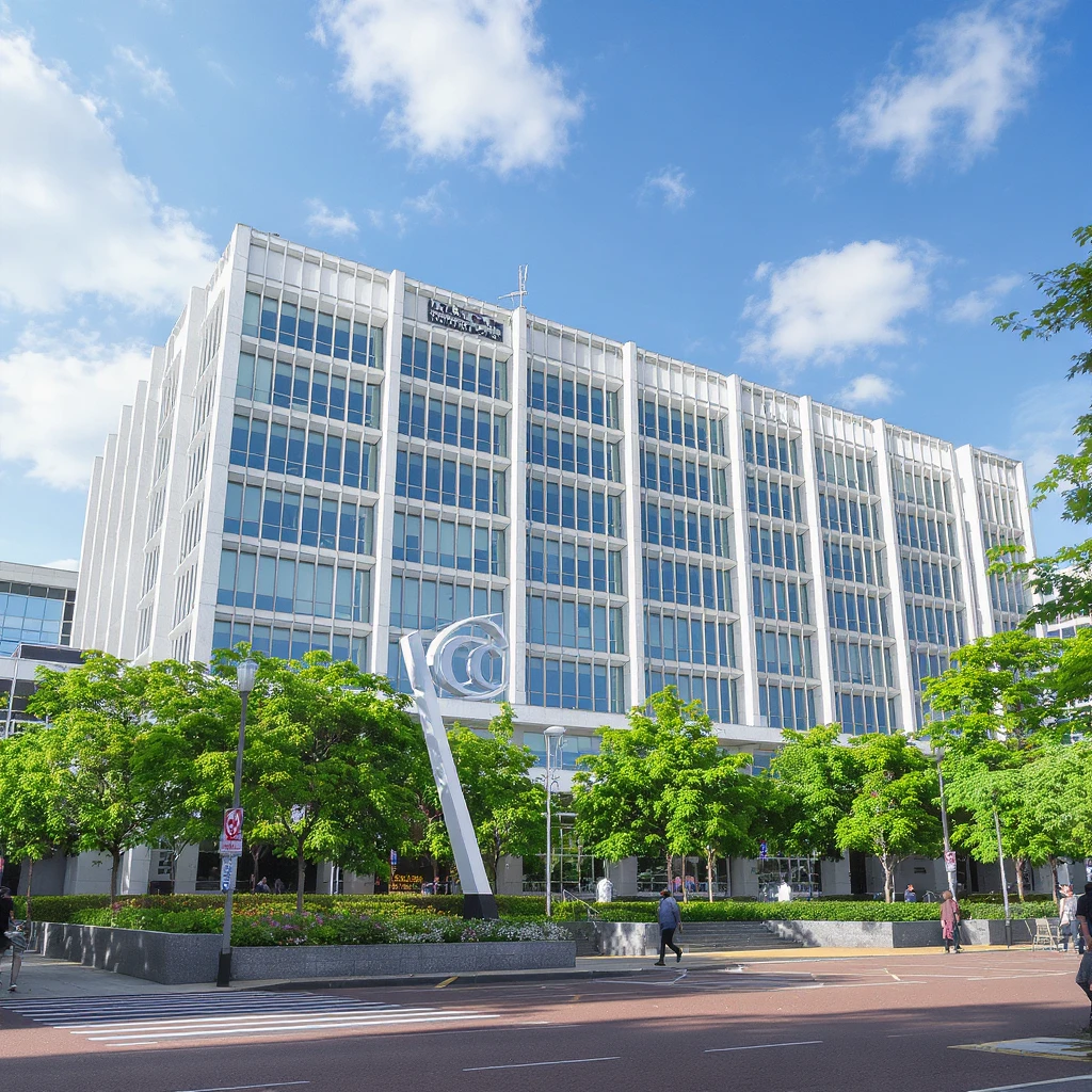 Zoom out slightly for a wider view of the whole International Criminal Court (ICC) building in The Hague, maintaining the cinematic, realistic style with majestic bright modern architecture, lifelike detail, bright lighting, iconic sign, and accurate colors. Preserve the transparent background. emoji