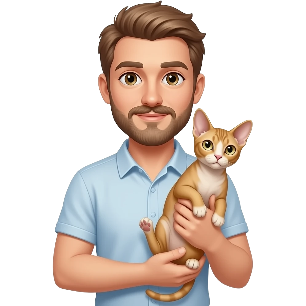 A slim white man with light brown hair, hazel eyes, moustache and beard, holding a golden cornish rex cat emoji