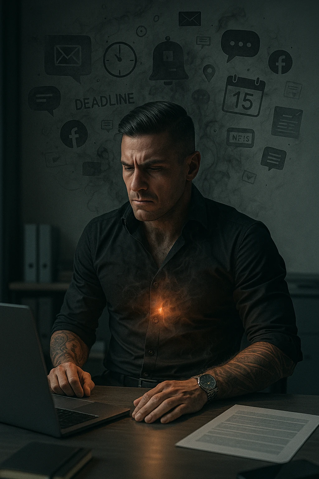 A highly realistic, cinematic image of a young man in his early 30s, sitting at a modern office desk under harsh artificial lighting, shoulders hunched, jaw clenched, and breathing shallowly, symbolizing how modern society forces people to live in a state of chronic tension and restricted breathing. Around him, faint black and grey visual elements represent notifications, deadlines, social media icons, and news alerts, swirling around his head like a chaotic storm, symbolizing societal pressure. His chest appears visually tight and compressed, and faint dark smoke emanates from his body, representing blocked breath and internalized stress. In contrast, a faint glowing light near his chest and abdomen tries to expand, symbolizing the innate desire of the body to breathe freely and deeply. The environment is cold and minimalistic, with a sense of stillness and tension, captured in a hyperrealistic 35mm film style with muted colors, focusing on the man's tense posture and restricted breathing to reflect the unseen burden of modern living. emoji