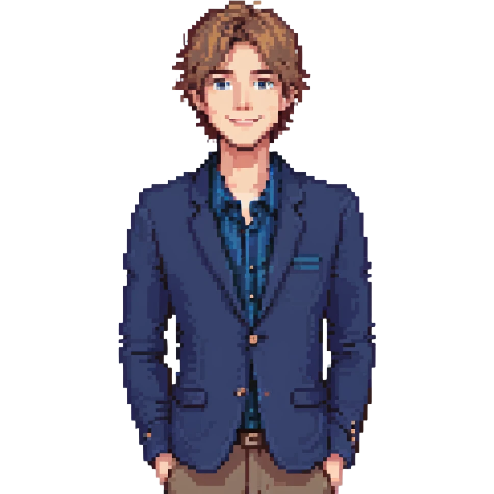Flat pixel are, lively and clever male debater, fair skin, short messy light brown hair, sharp eyes with a mischievous smile, wearing indigo blazer over a casual t-shirt, one hand raised mid-gesture, waist-up, front-facing emoji