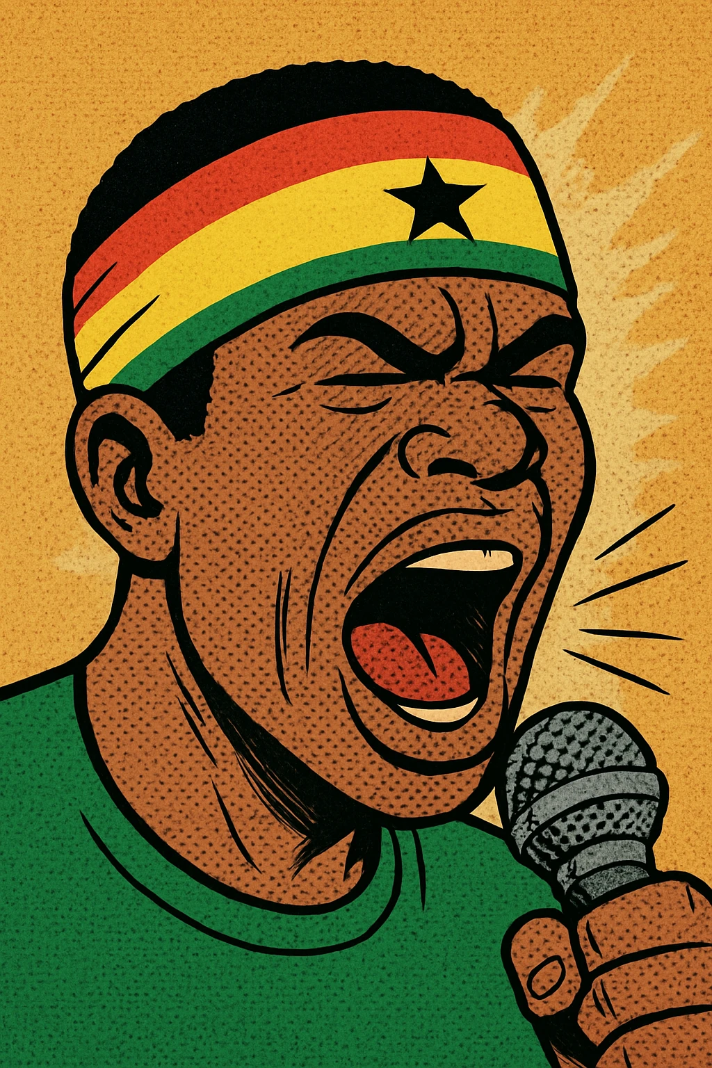 cartoon talking head with a Ghana flag headband, mouth wide open, shouting into a microphone, expressive, colorful comic style emoji