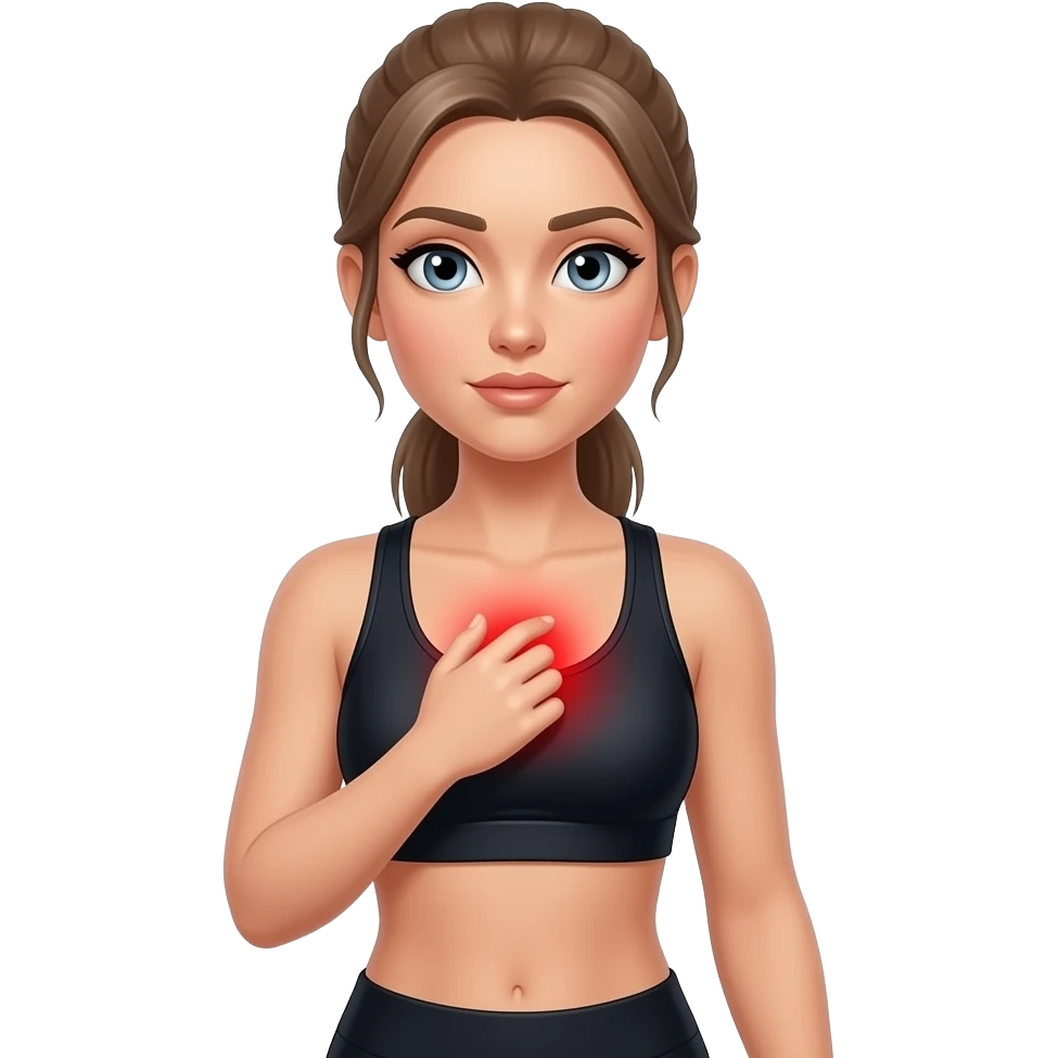 chest tension, red glow on chest, woman touching upper chest, fair-skinned woman, gray-blue eyes, ash brown brows, ash light brown hair tied back, slim athletic body, black workout set, white background emoji