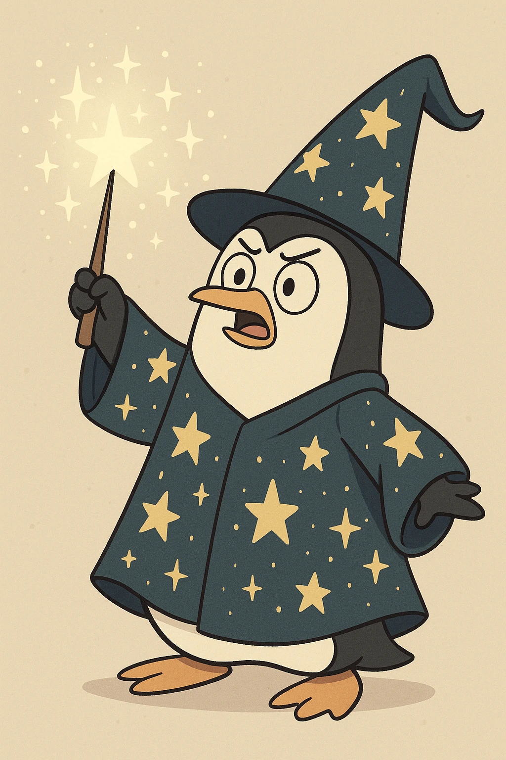 a penguin wizard casting a spell, with sparkles and a starry robe, in a cute cartoon style emoji