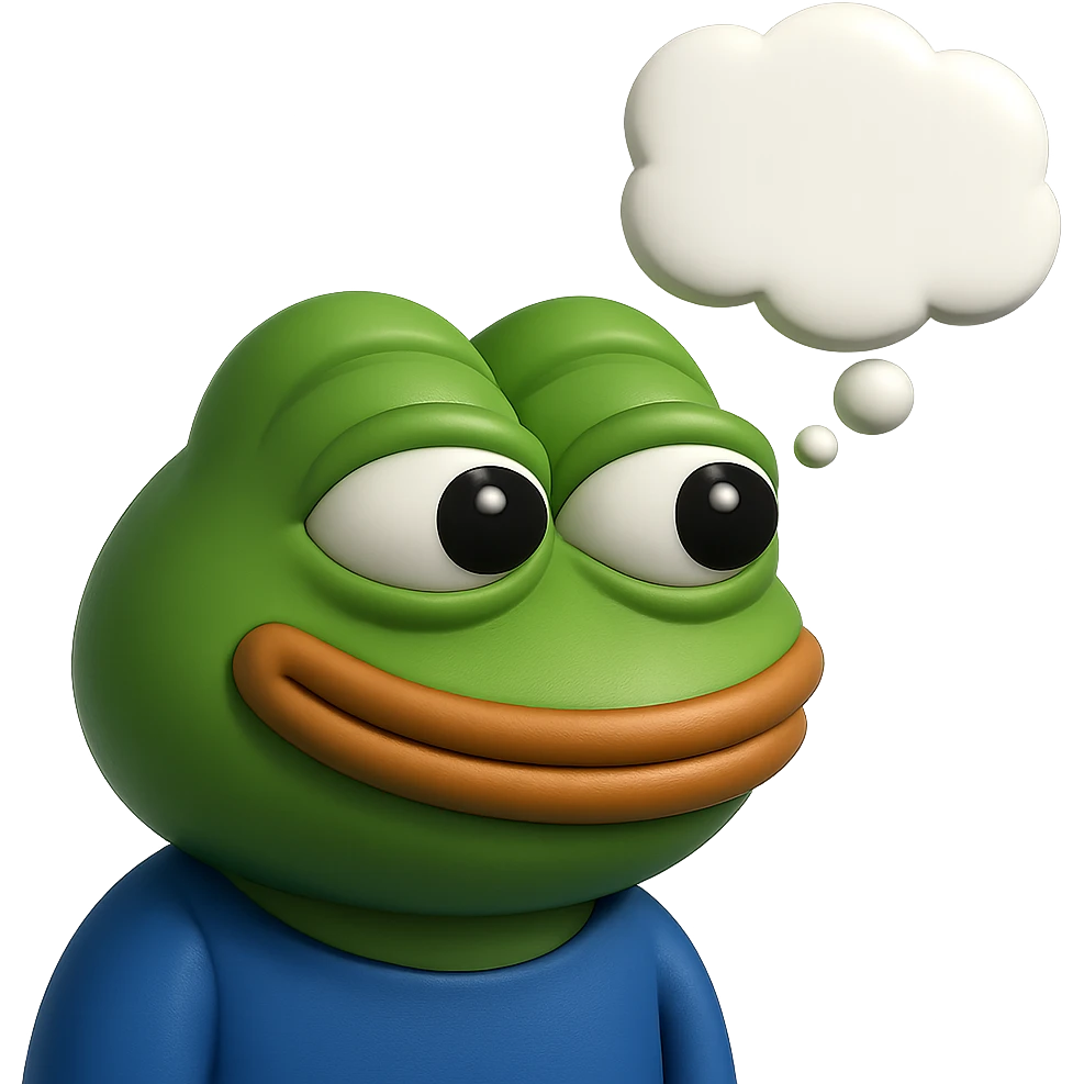 make a pepe in bright green smiling with thought bubble looking at right side in 3d style, good highlights and shadows, drop shadows emoji