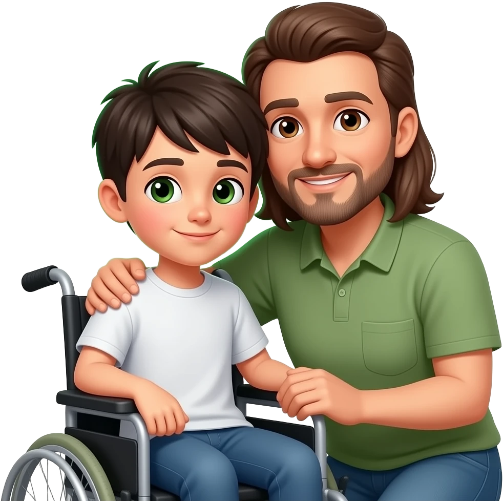 "Emoji WhatsApp minimalista estilo Disney: chico 15, piel blanca, pelo corto oscuro, ojos marrón, silla de ruedas; mamá aparte ojos verdes (aura verde); papá aparte ojos marrón (aura marrón, pelo corto, leve calvicie, barba mixta); ambos abrazándolo; fondo transparente." emoji