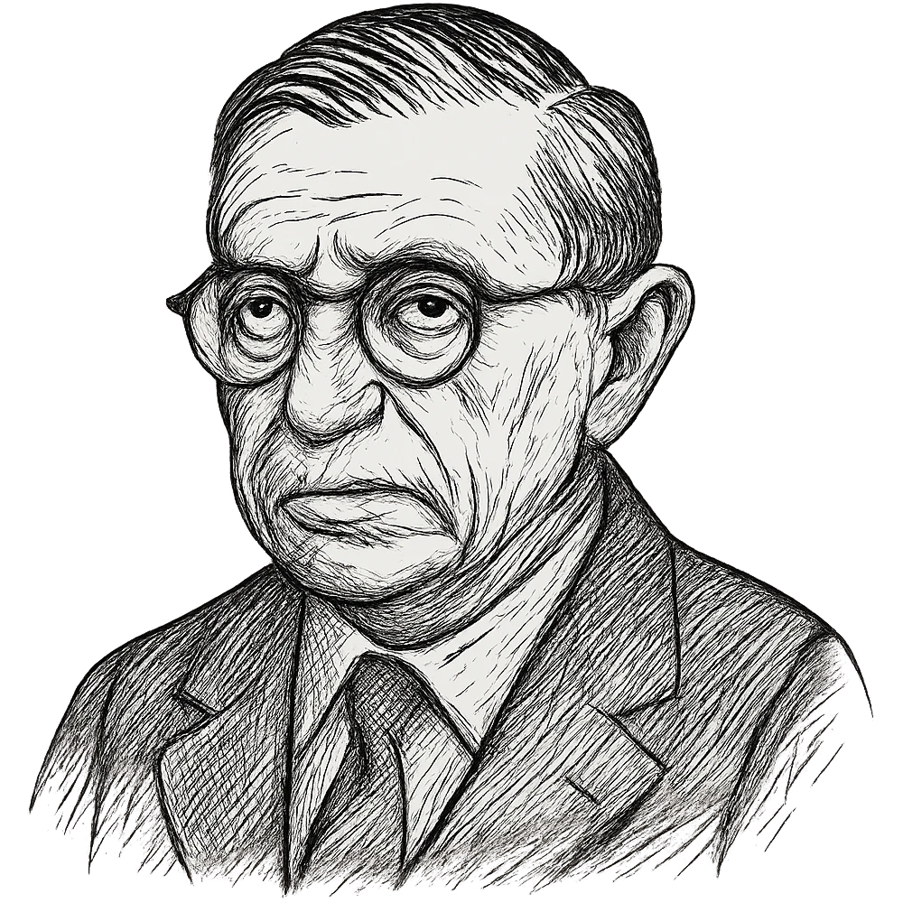 Enhance the Jean-Paul Sartre black outline icon with more detailed and refined facial features, hair, and clothing. Emphasize his round glasses while maintaining the hand-drawn black outline style and transparent background. emoji