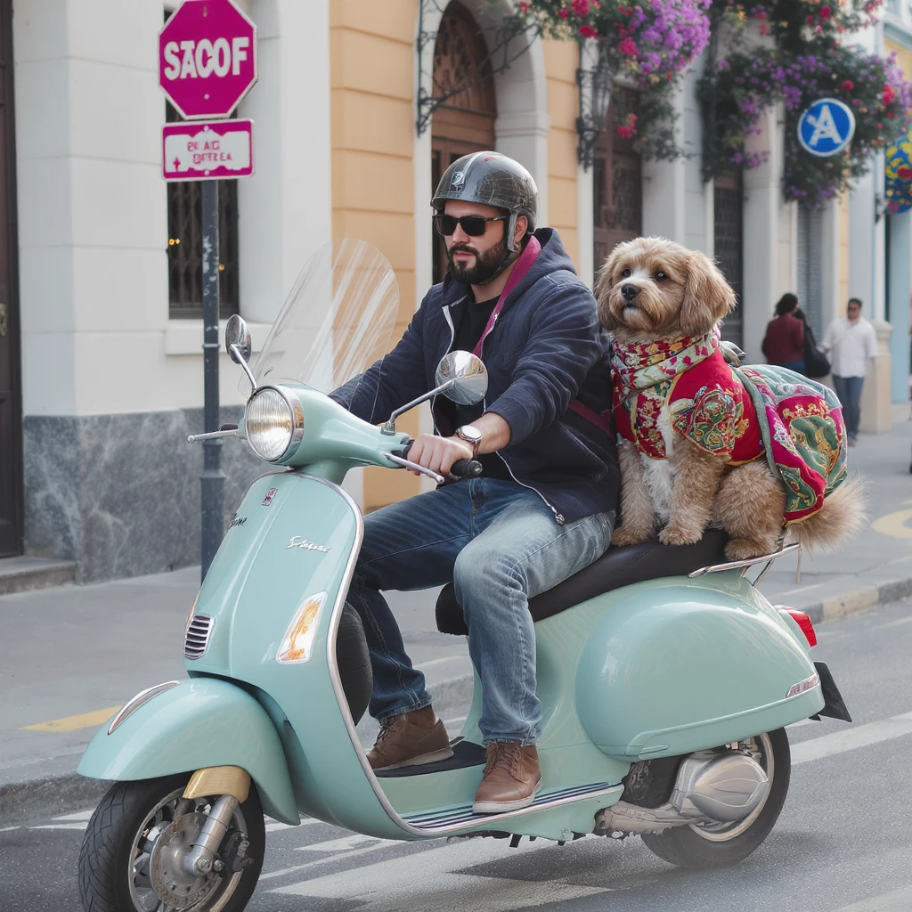 man and his pet dog riding a vespa emoji