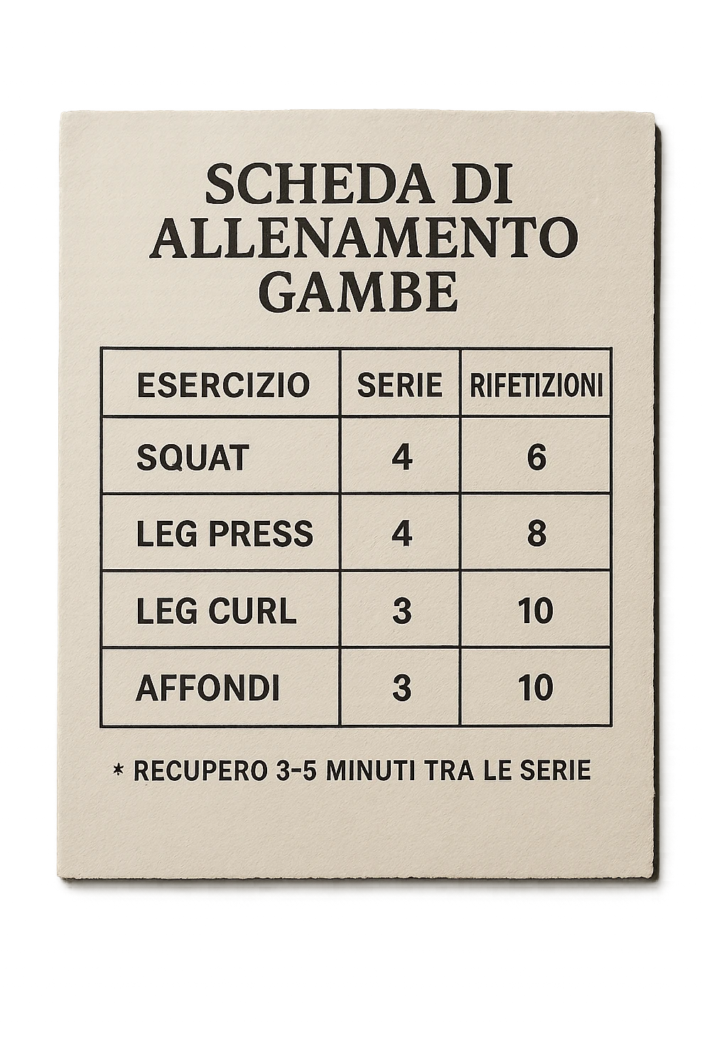 scheda di allenamento gambe in italiano che segna 3-5 minuti di recupero tra le serie, vista dall'alto, iperrealistica 4k emoji