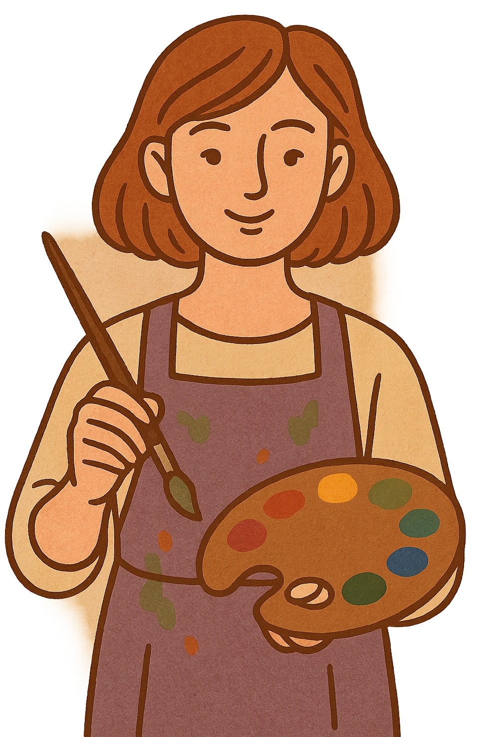 Serene female oil painter, Caucasian features, shoulder-length auburn hair, soft brown eyes, gentle smile, wearing a violet painter’s apron lightly stained with paint over a beige blouse, holding a wooden palette with vibrant colors in one hand and a brush in the other, waist-up, front-facing emoji